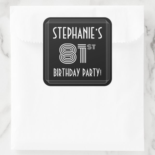 81st Birthday Party: Art Deco Style & Custom Name Square Sticker (Bag)