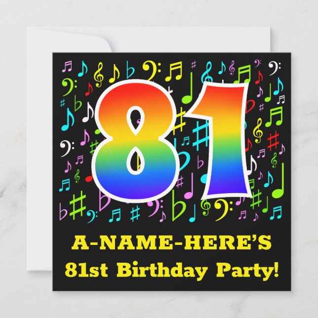 81st Birthday Party: Fun Music Symbols, Rainbow 81 Invitation (Front)