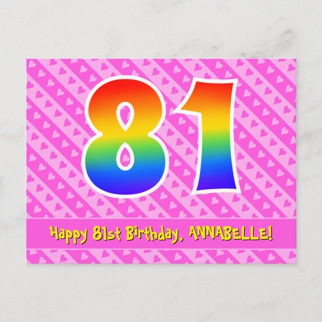 81st Birthday: Pink Stripes & Hearts, Rainbow 81 Postcard (Front)