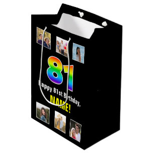 81st Birthday: Rainbow “81“, Custom Photos & Name Medium Gift Bag