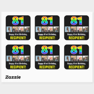 81st Birthday: Rainbow “81”; Custom Photos & Name Square Sticker