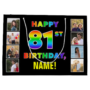 81st Birthday: Rainbow Text, Custom Photos & Name Large Gift Bag
