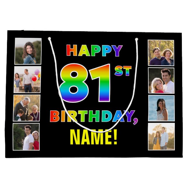 81st Birthday: Rainbow Text, Custom Photos & Name Large Gift Bag (Back)