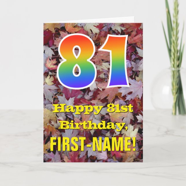 81st Birthday; Rustic Autumn Leaves; Rainbow "81" Card (Front)