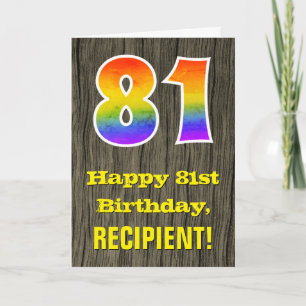 81st Birthday: Rustic Faux Wood Look, Rainbow "81" Card
