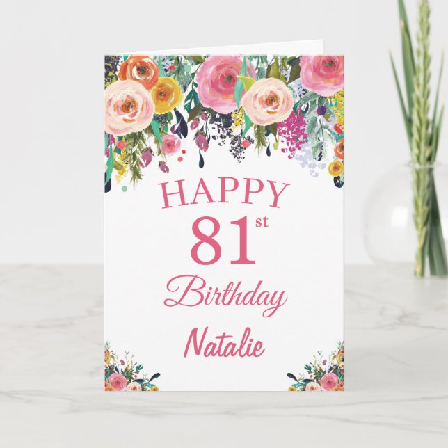 81st Birthday Watercolor Floral Flowers Pink Card (Front)