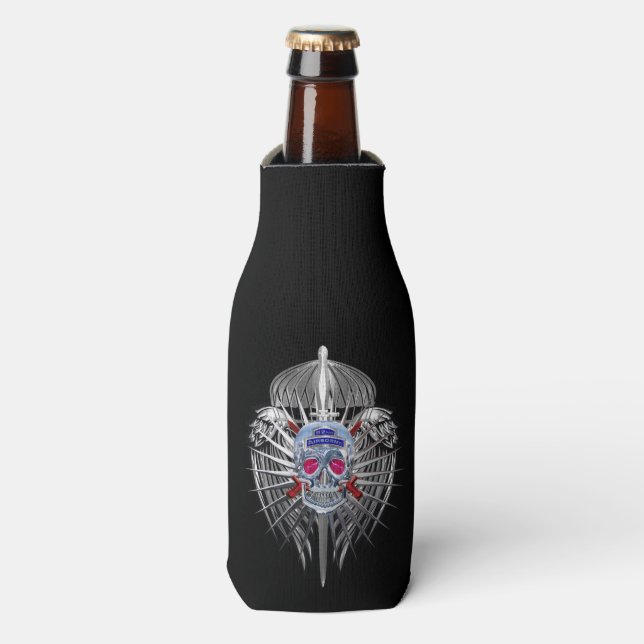 82nd Airborne Stunning Silver Skull Metallic Wings Bottle Cooler (Bottle Front)
