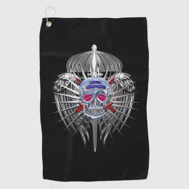 82nd Airborne Stunning Silver Skull Metallic Wings Golf Towel (Front)