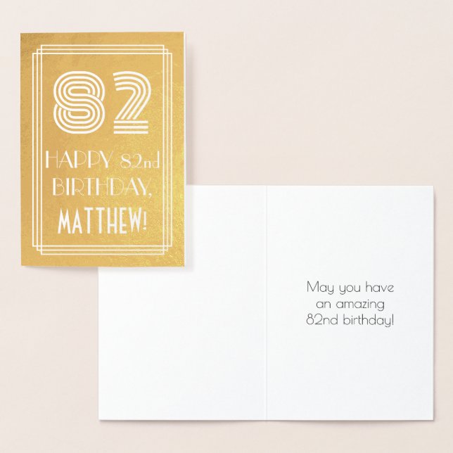 82nd Birthday – Art Deco Inspired Look "82" + Name Foil Card (Display)