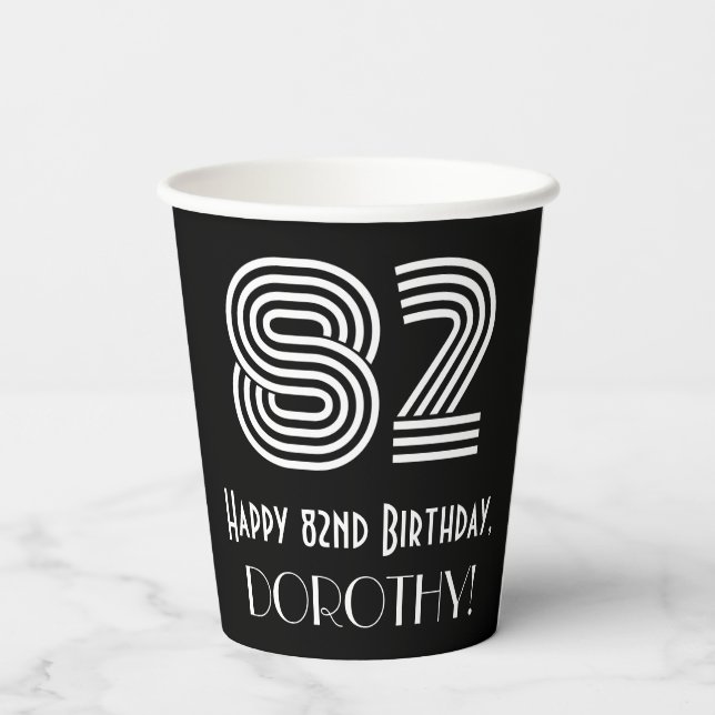 82nd Birthday — Art Deco Inspired Look “82” + Name Paper Cups (Back)