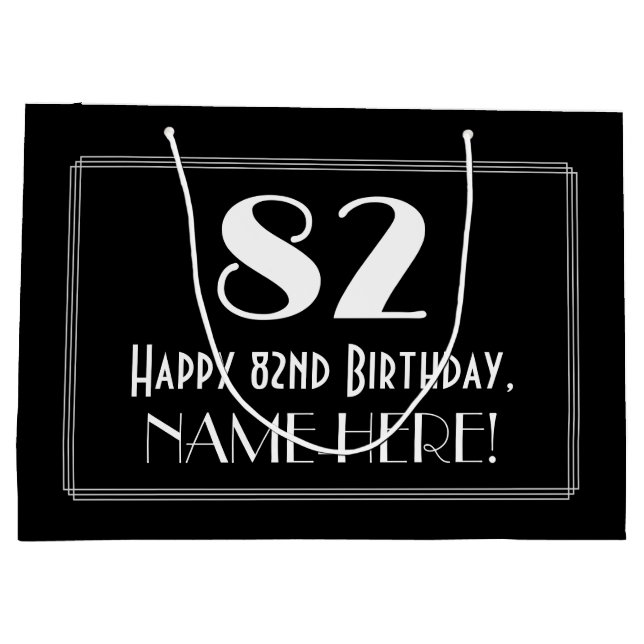 82nd Birthday: Art Deco Inspired Style "82", Name Large Gift Bag (Back)