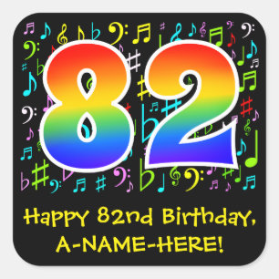 82nd Birthday: Colorful Music Symbols, Rainbow 82 Square Sticker
