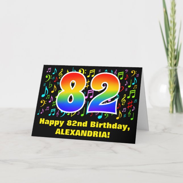82nd Birthday: Colourful Music Symbols & Rainbow 8 Card (Front)