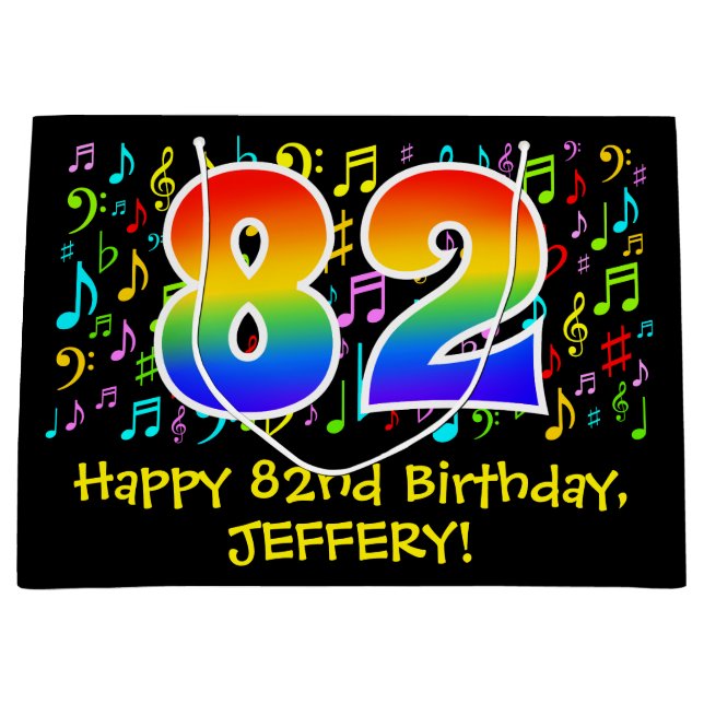 82nd Birthday - Colourful Music Symbols, Rainbow 8 Large Gift Bag (Front)