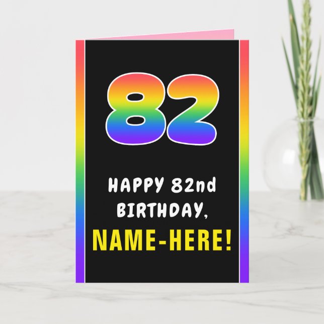 82nd Birthday: Colourful Rainbow # 82, Custom Name Card (Front)