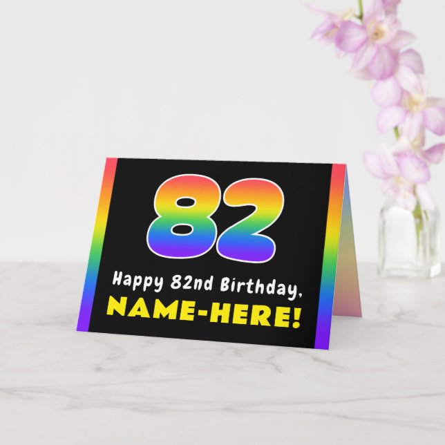 82nd Birthday: Colourful Rainbow # 82, Custom Name Card (Orchid)