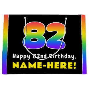 82nd Birthday: Colourful Rainbow # 82, Custom Name Large Gift Bag