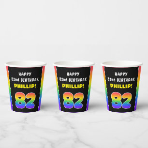 82nd Birthday: Colourful Rainbow # 82, Custom Name Paper Cups