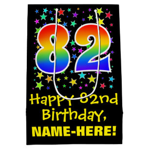 82nd Birthday: Colourful Stars Pattern & Rainbow 8 Medium Gift Bag