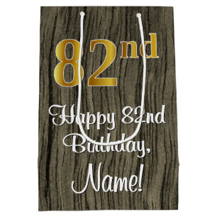 82nd Birthday: Elegant Faux Gold Look #, Faux Wood Medium Gift Bag