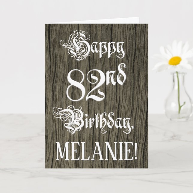 82nd Birthday: Fancy, Elegant Text; Faux Wood Look Card (Small Plant)