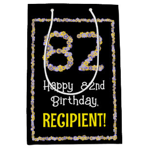 82nd Birthday: Floral Flowers Number, Custom Name Medium Gift Bag