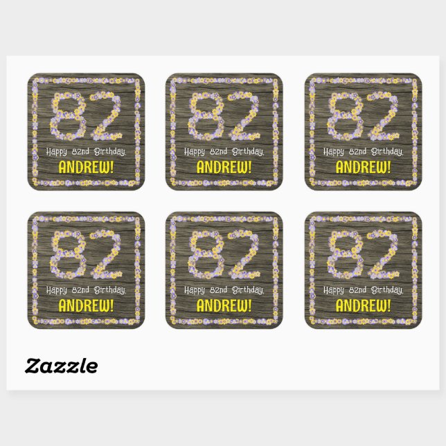 82nd Birthday: Floral Number, Faux Wood Look, Name Square Sticker (Sheet)