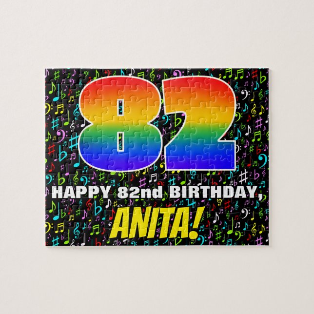 82nd Birthday — Fun, Colourful Music Symbols & “82 Jigsaw Puzzle (Horizontal)