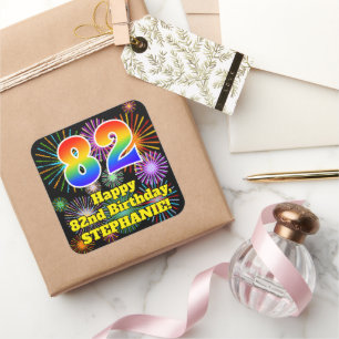82nd Birthday: Fun Fireworks Look, Rainbow # 82 Square Sticker