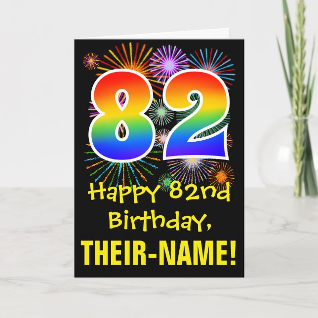 82nd Birthday: Fun Fireworks Pattern + Rainbow 82 Card (Front)