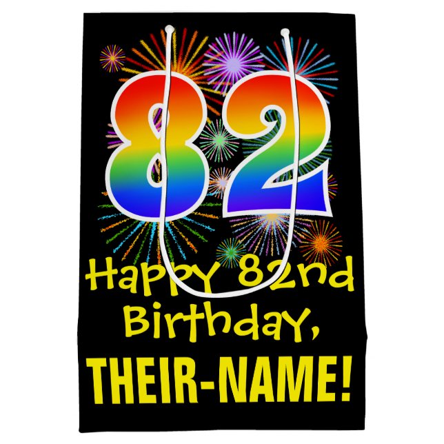 82nd Birthday: Fun Fireworks Pattern + Rainbow 82 Medium Gift Bag (Back)