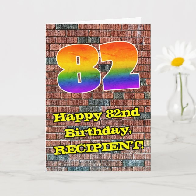 82nd Birthday: Fun Graffiti-Inspired Rainbow 82 Card (Small Plant)