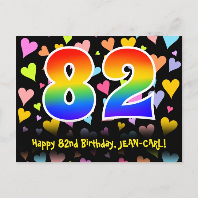 82nd Birthday: Fun Hearts Pattern, Rainbow 82 Postcard (Front)