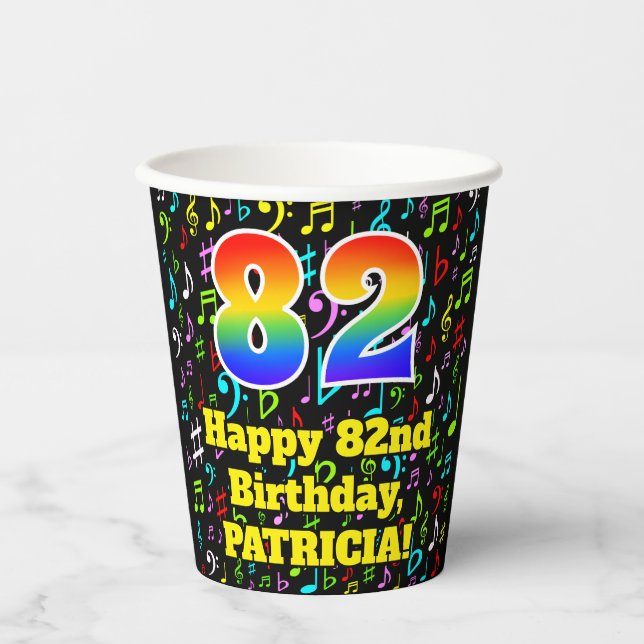 82nd Birthday: Fun Music Notes Pattern, Rainbow 82 Paper Cups (Front)