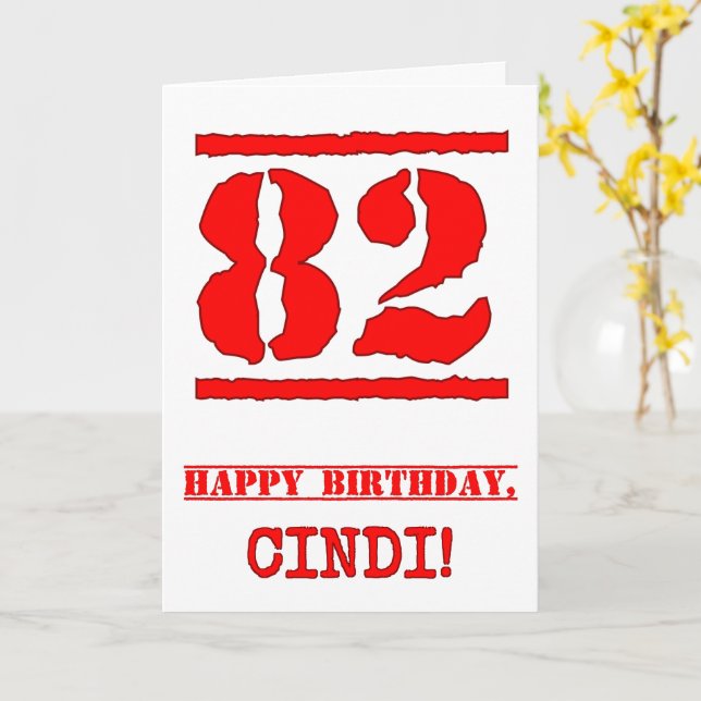 82nd Birthday: Fun, Red Rubber Stamp Inspired Look Card (Yellow Flower)