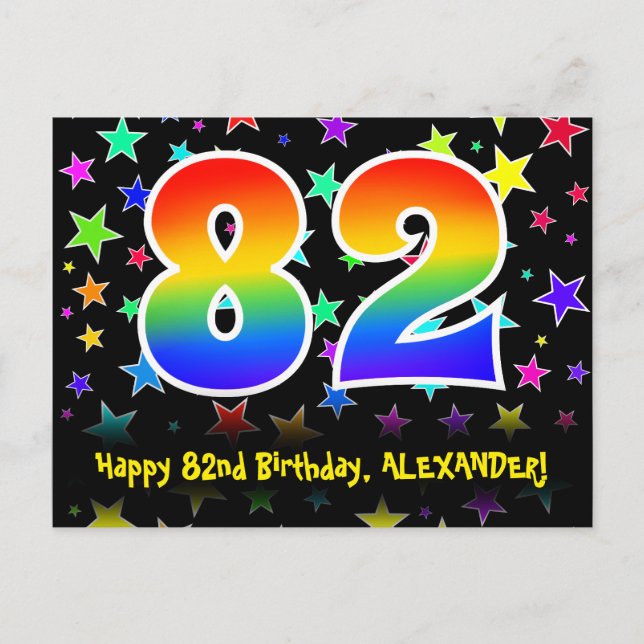 82nd Birthday: Fun Stars Pattern, Rainbow 82, Name Postcard (Front)