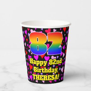 82nd Birthday: Loving Hearts Pattern, Rainbow 82 Paper Cups