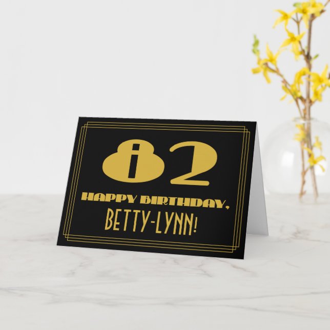 82nd Birthday: Name + Art Deco Inspired Look "82" Card (Yellow Flower)
