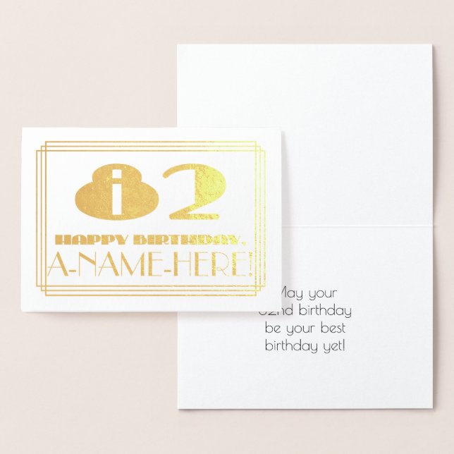 82nd Birthday; Name + Art Deco Inspired Look "82" Foil Card (Display)