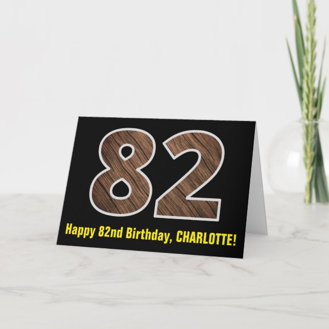 82nd Birthday: Name + Faux Wood Grain Pattern "82" Card (Front)