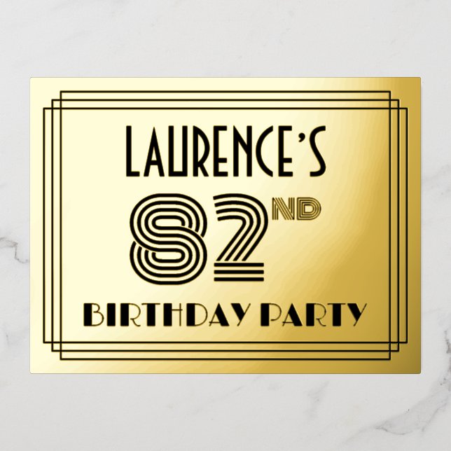 82nd Birthday Party ~ Art Deco Style “82” + Name Foil Invitation Postcard (Front)