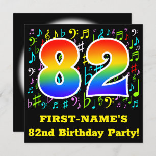82nd Birthday Party: Fun Music Symbols, Rainbow 82 Invitation