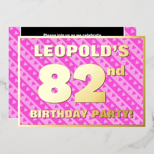 82nd Birthday Party — Fun Pink Hearts and Stripes (Front/Back)