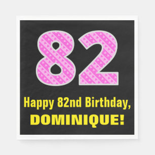 82nd Birthday: Pink Stripes and Hearts "82" + Name Napkin