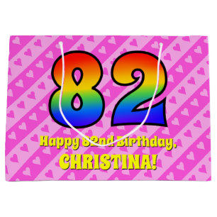 82nd Birthday: Pink Stripes & Hearts, Rainbow # 82 Large Gift Bag