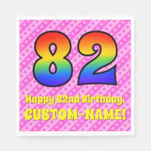 82nd Birthday: Pink Stripes & Hearts, Rainbow # 82 Napkin