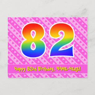 82nd Birthday: Pink Stripes & Hearts, Rainbow 82 Postcard