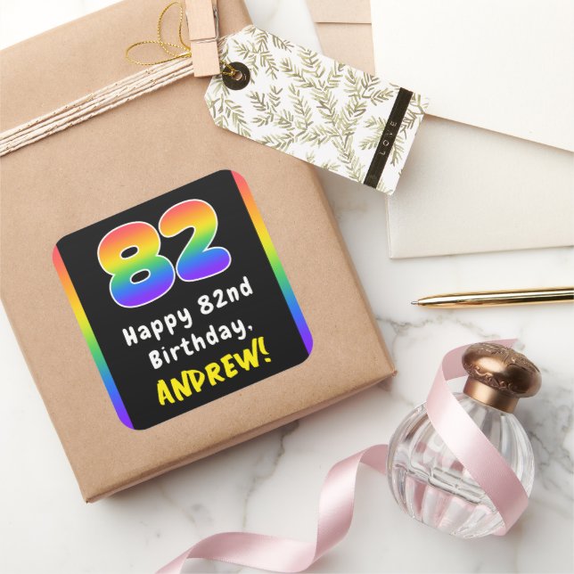 82nd Birthday: Rainbow Spectrum # 82, Custom Name Square Sticker (Gifting)