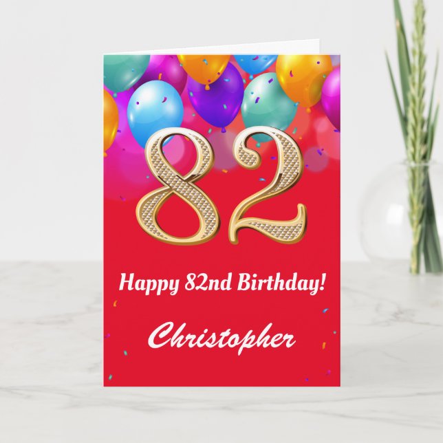 82nd Birthday Red and Gold Colourful Balloons Card (Front)