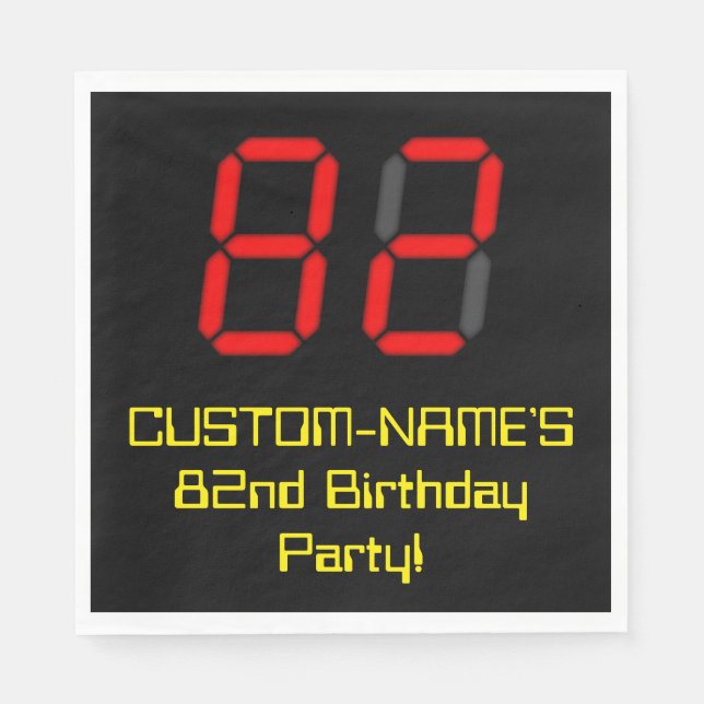 82nd Birthday: Red Digital Clock Style "82" + Name Napkin (Front)